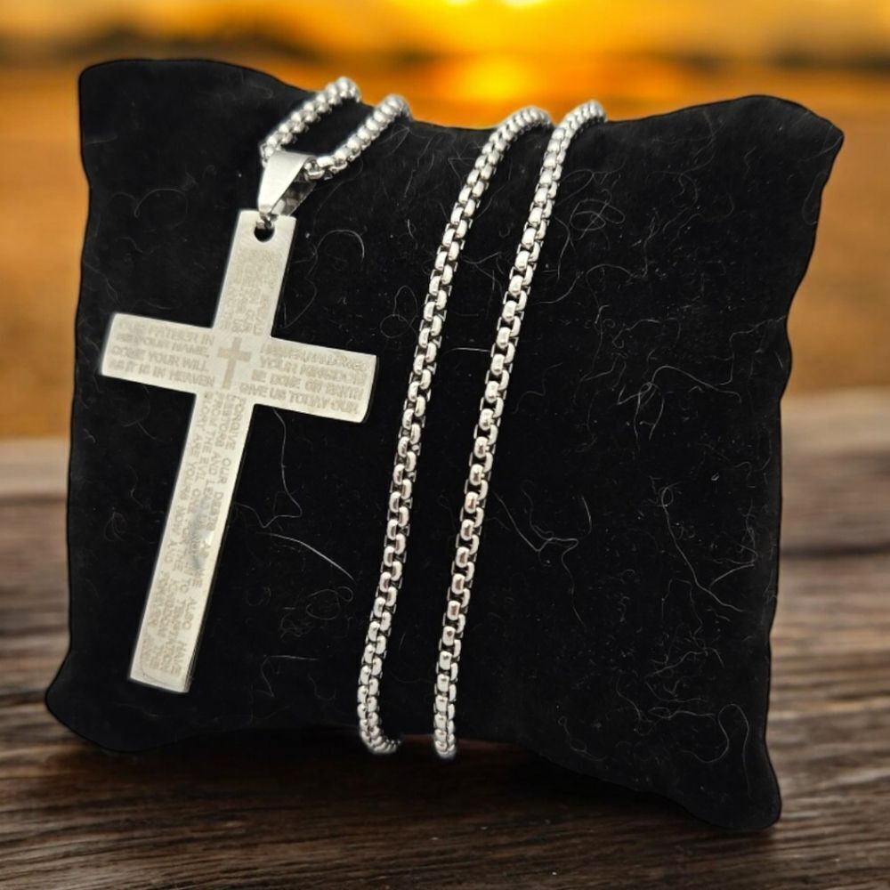 Silver Stainless Steel Christian Cross Necklace Prayer Pendant Religious Jewelry